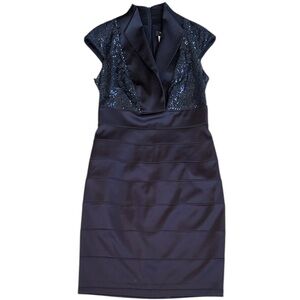 EUC Tadashi Shoji Tadashi Collection Sequined Cocktail Dress Navy Blue Size 10
